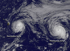 Travel Advisory  - NASA map of Hurricane Iselle and Hurricane Julio